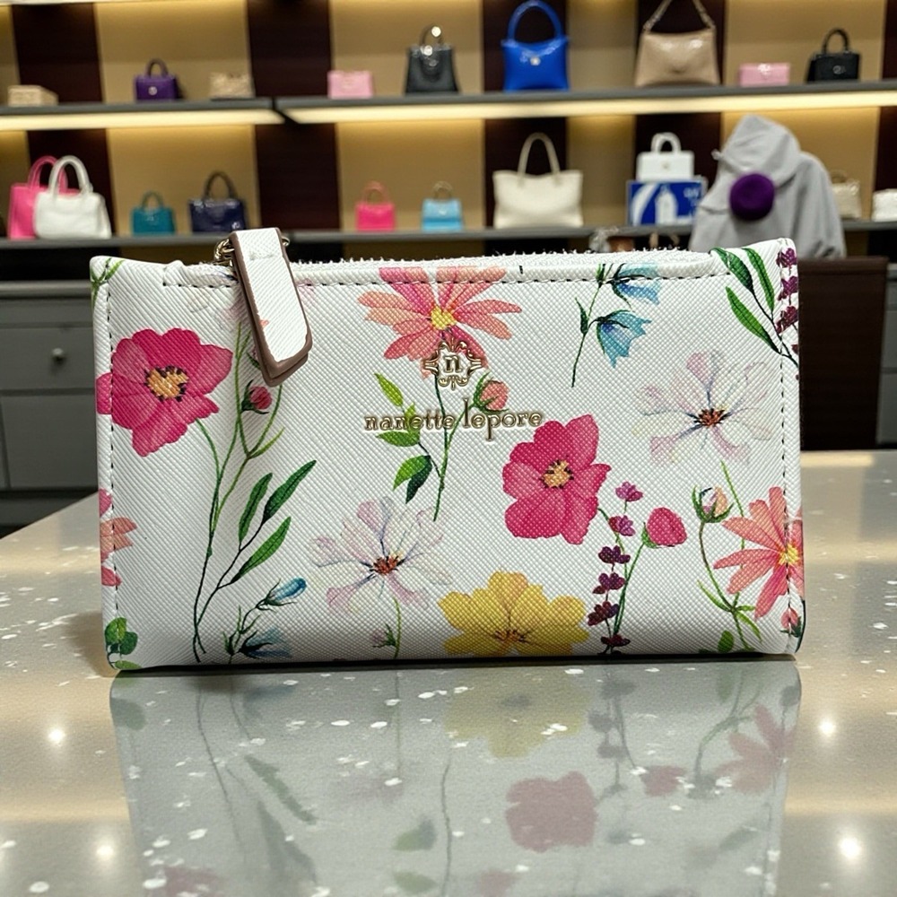 Nanette Lepore Women's Small White Floral Bifold Wallet Snap Closure Zip Pocket